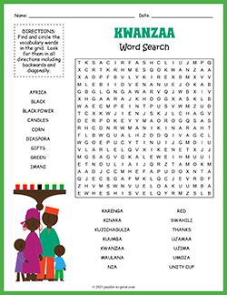 Free printable Kwanzaa Word Search puzzle worksheet