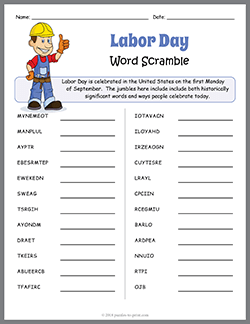 Free printable Labor Day Word Scramble puzzle worksheet