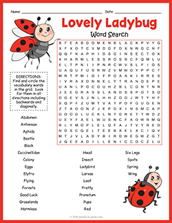 Free printable Ladybug Word Search puzzle worksheet