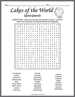 Free printable Lakes of the World Word Search puzzle worksheet