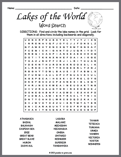 Lakes of the World Word Search
