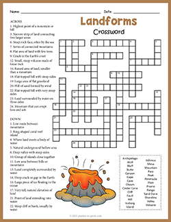 Free printable Landforms Crossword puzzle worksheet