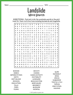 Free printable Landslide Word Search puzzle worksheet