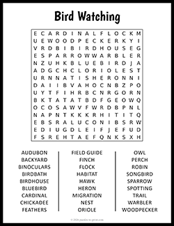 Free Printable Large Print Bird Watching Word Search Puzzle Worksheet