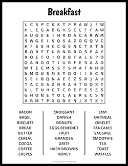 Free Printable Large Print Breakfast Word Search Puzzle Worksheet