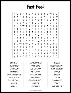 Free Printable Large Print Fast Food Word Search Puzzle Worksheet
