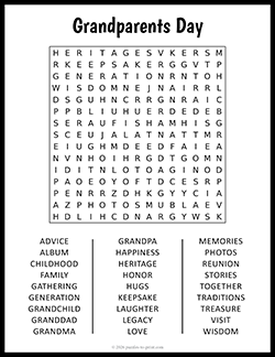 Free Printable Large Print Grandparents Day Word Search Puzzle Worksheet