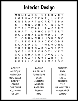 Free Printable Large Print Interior Design Word Search Puzzle Worksheet