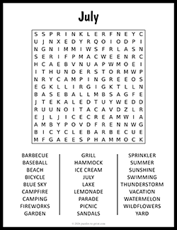 Free Printable Large Print July Word Search Puzzle Worksheet