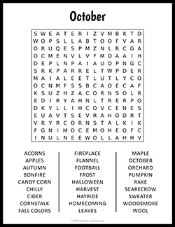 Free Printable Large Print October Word Search Puzzle Worksheet