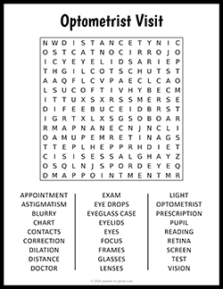 Free Printable Large Print Optometrist Word Search Puzzle Worksheet