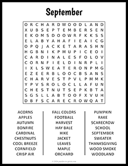 Free Printable Large Print September Word Search Puzzle Worksheet
