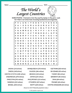 Free printable Largest Countries Word Search puzzle worksheet