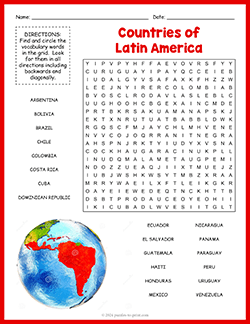 Free printable Latin America Countries Word Search puzzle worksheet