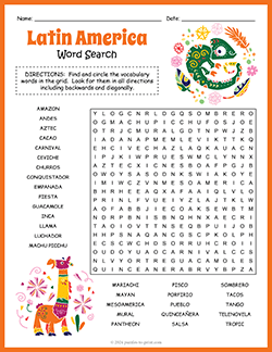 Free printable Latin American Culture Word Search puzzle worksheet