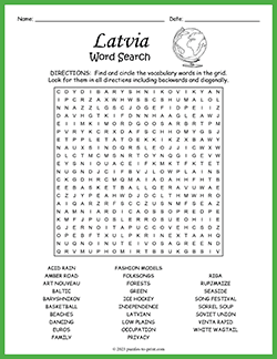 Free printable Latvia Word Search puzzle worksheet