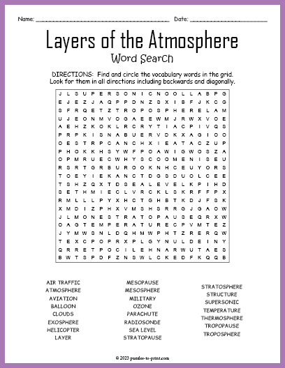 Layers of the Atmosphere Word Search