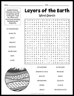 Free printable Layers of the Earth Word Search puzzle worksheet