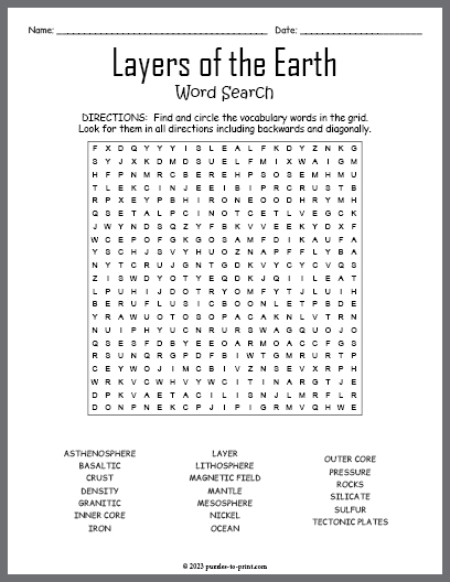 Layers of the Earth Word Search