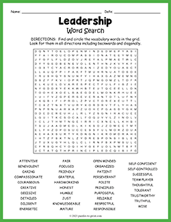 Free printable Leadership Word Search puzzle worksheet