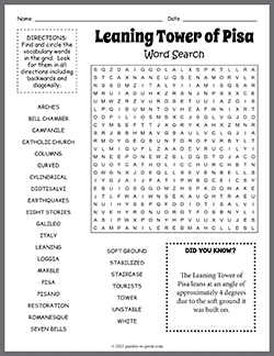 Free printable Leaning Tower of Pisa Word Search puzzle worksheet