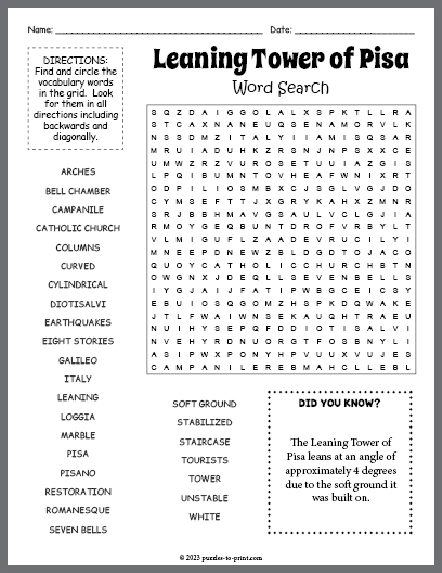 Leaning Tower of Pisa Word Search