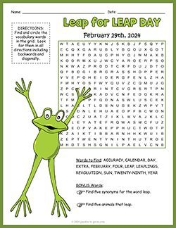 Free printable Leap Year Word Search puzzle worksheet