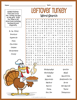Free printable Leftover Turkey Word Search puzzle worksheet