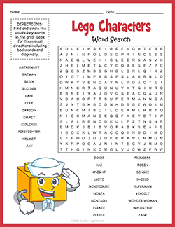 Free printable Lego Characters Word Search puzzle worksheet