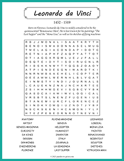 Free printable Leonardo da Vinci Word Search puzzle worksheet