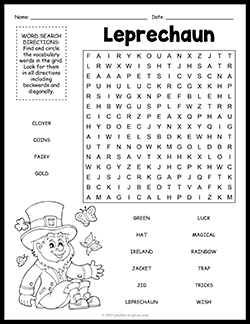 Free printable Leprechaun Word Search puzzle worksheet