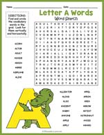 Letter A Words Word Search Thumbnail