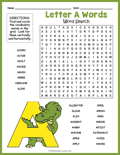 Letter A Words Word Search