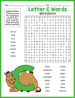 Free printable Letter C Words Word Search puzzle worksheet