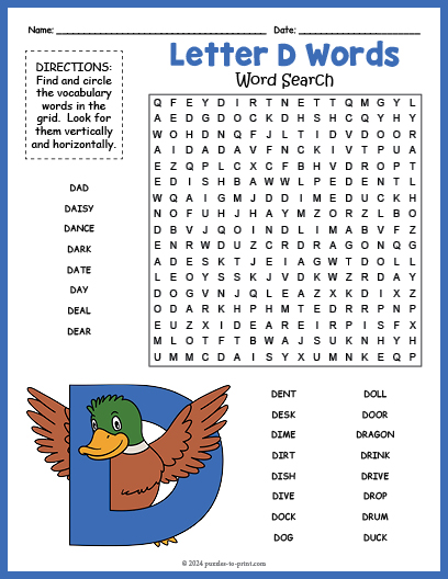 Letter D Words Word Search