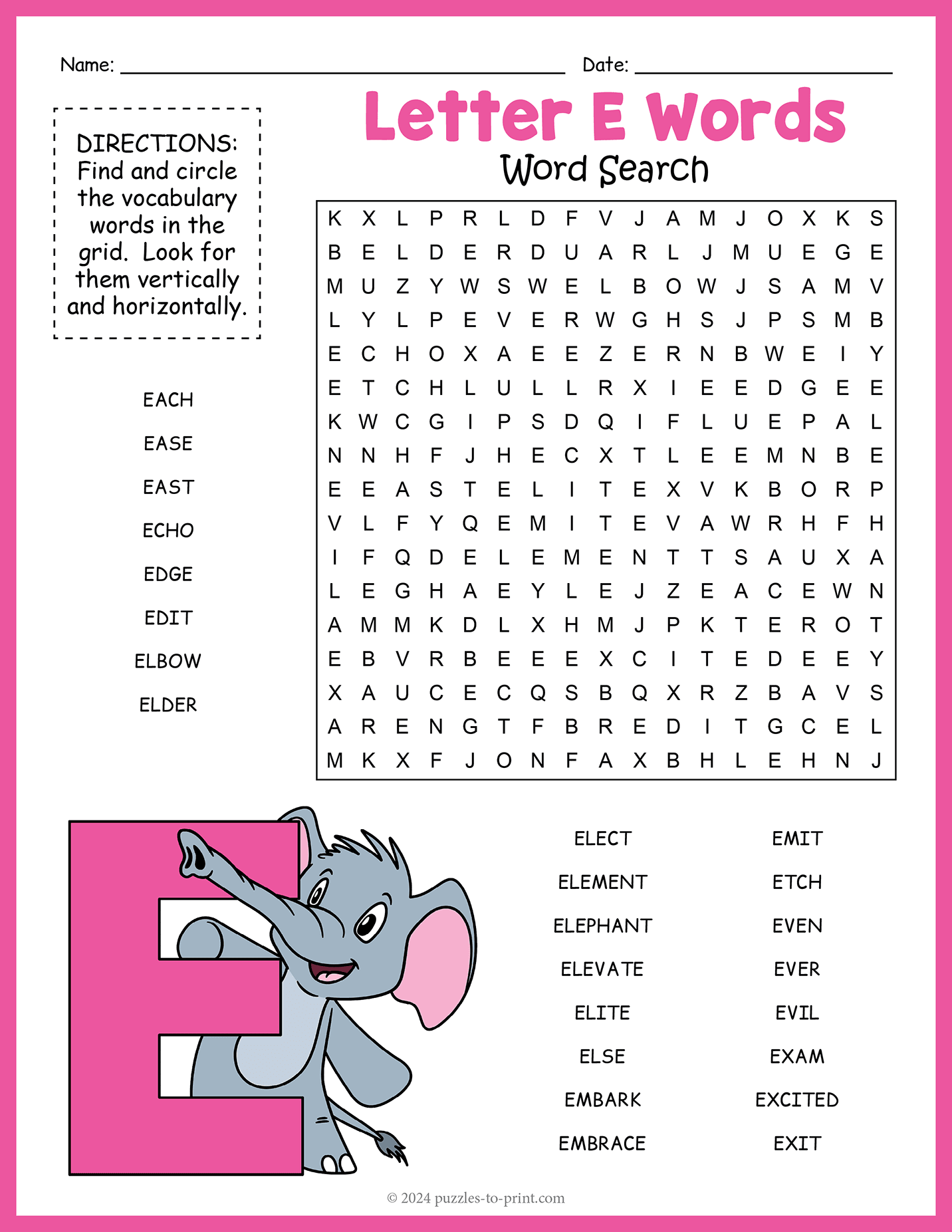 Letter E Words Word Search Puzzle Worksheet
