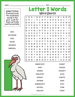 Free printable Letter I Words Word Search puzzle worksheet