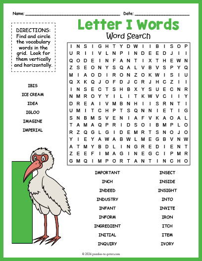 Letter I Words Word Search