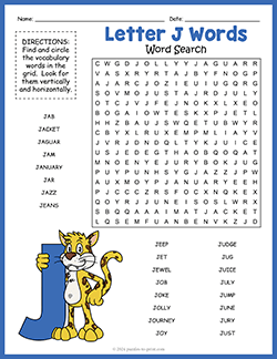 Free printable Letter J Words Word Search puzzle worksheet