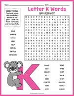 Letter K Words Word Search Thumbnail