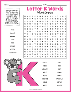 Free printable Letter K Words Word Search puzzle worksheet