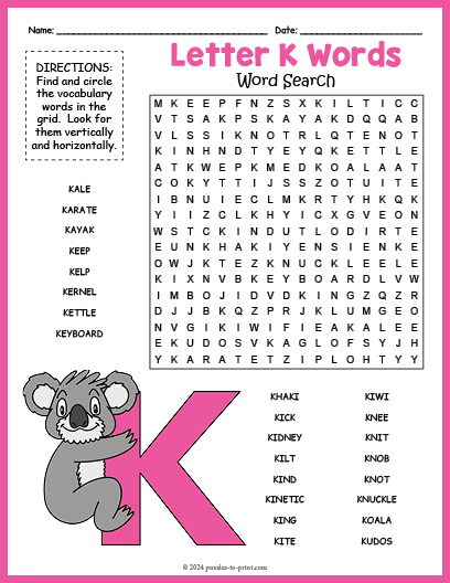 Letter K Words Word Search