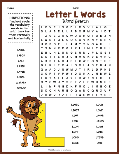 Letter L Words Word Search