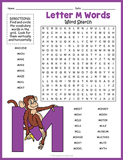 Free printable Letter M Words Word Search puzzle worksheet