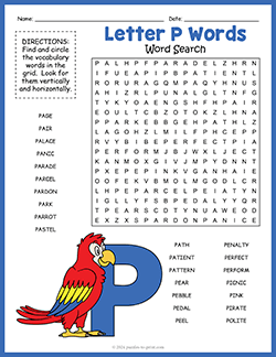 Free printable Letter P Words Word Search puzzle worksheet