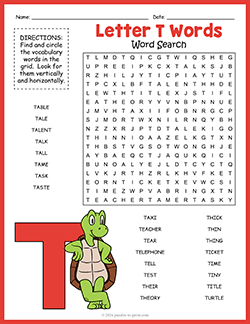 Free printable Letter T Words Word Search puzzle worksheet