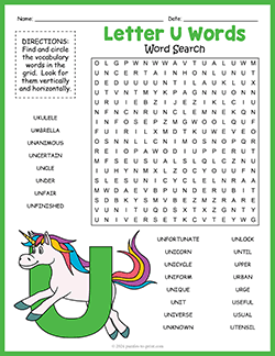 Free printable Letter U Words Word Search puzzle worksheet