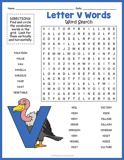 Vl Words Letter V Words Word Search