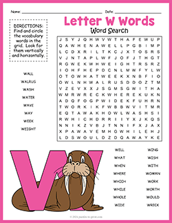 Free printable Letter W Words Word Search puzzle worksheet