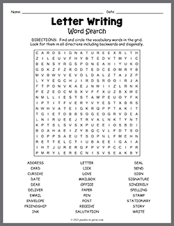 Free printable Letter Writing Word Search puzzle worksheet